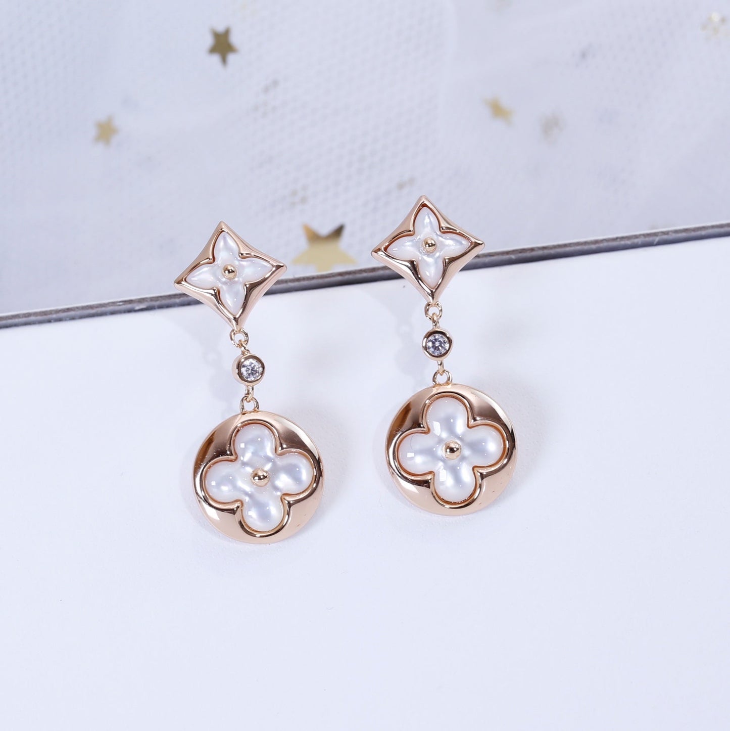 [AuraEcho]STAR AND SUN PINK GOLD MOP DROP EARRINGS