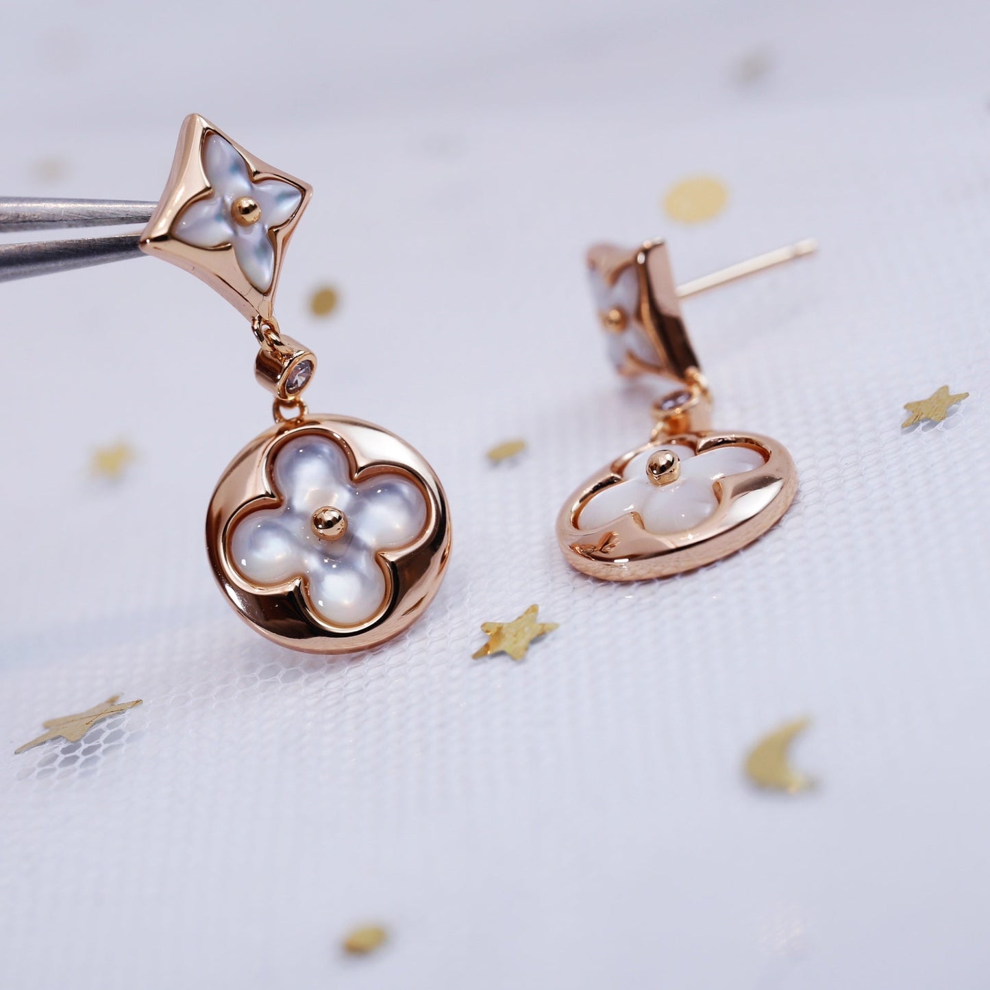 [AuraEcho]STAR AND SUN PINK GOLD MOP DROP EARRINGS