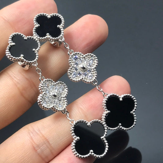 [AuraEcho]CLOVER 3 MOTIF DIAMOND ONYX SILVER EARRINGS