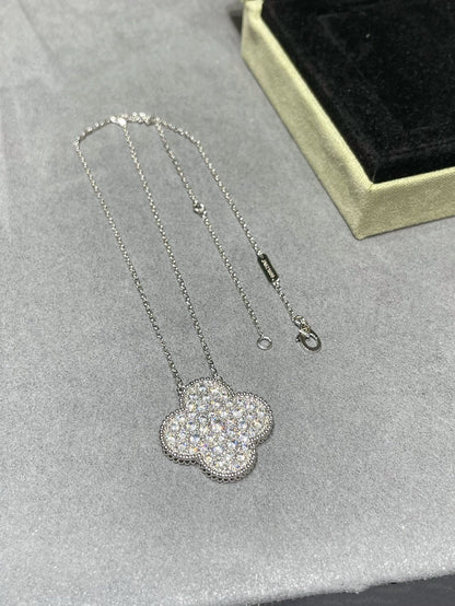 [AuraEcho]CLOVER 25MM LARGE PENDANT DIAMOND PAVED SILVER NECKLACE