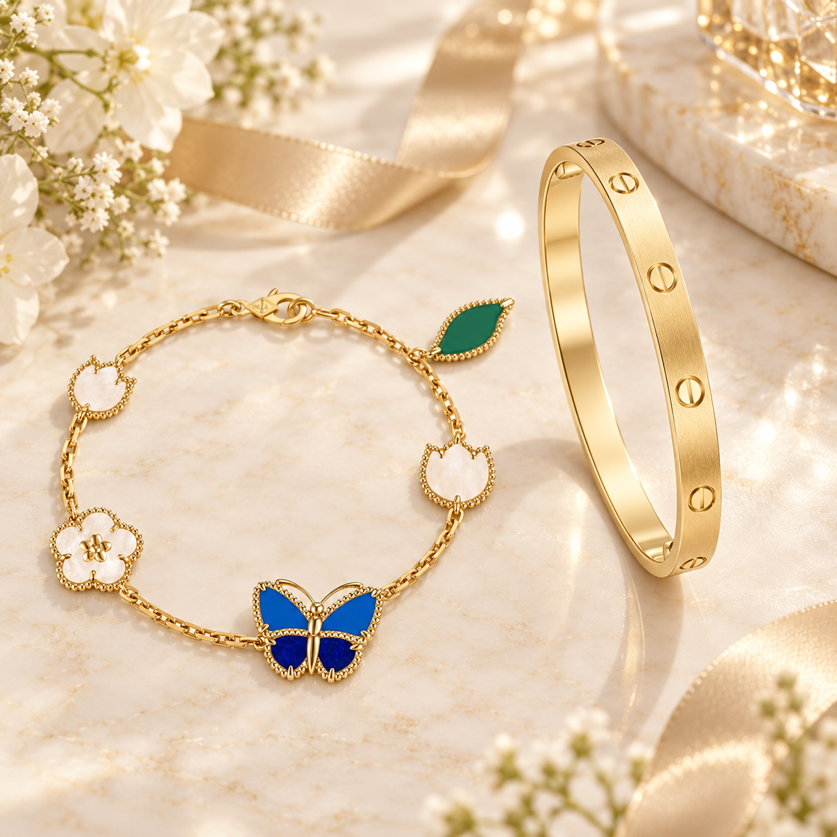[AuraEcho] LOVE Brushed & Lucky Spring Butterfly 5-Motif Bracelet Stack Set