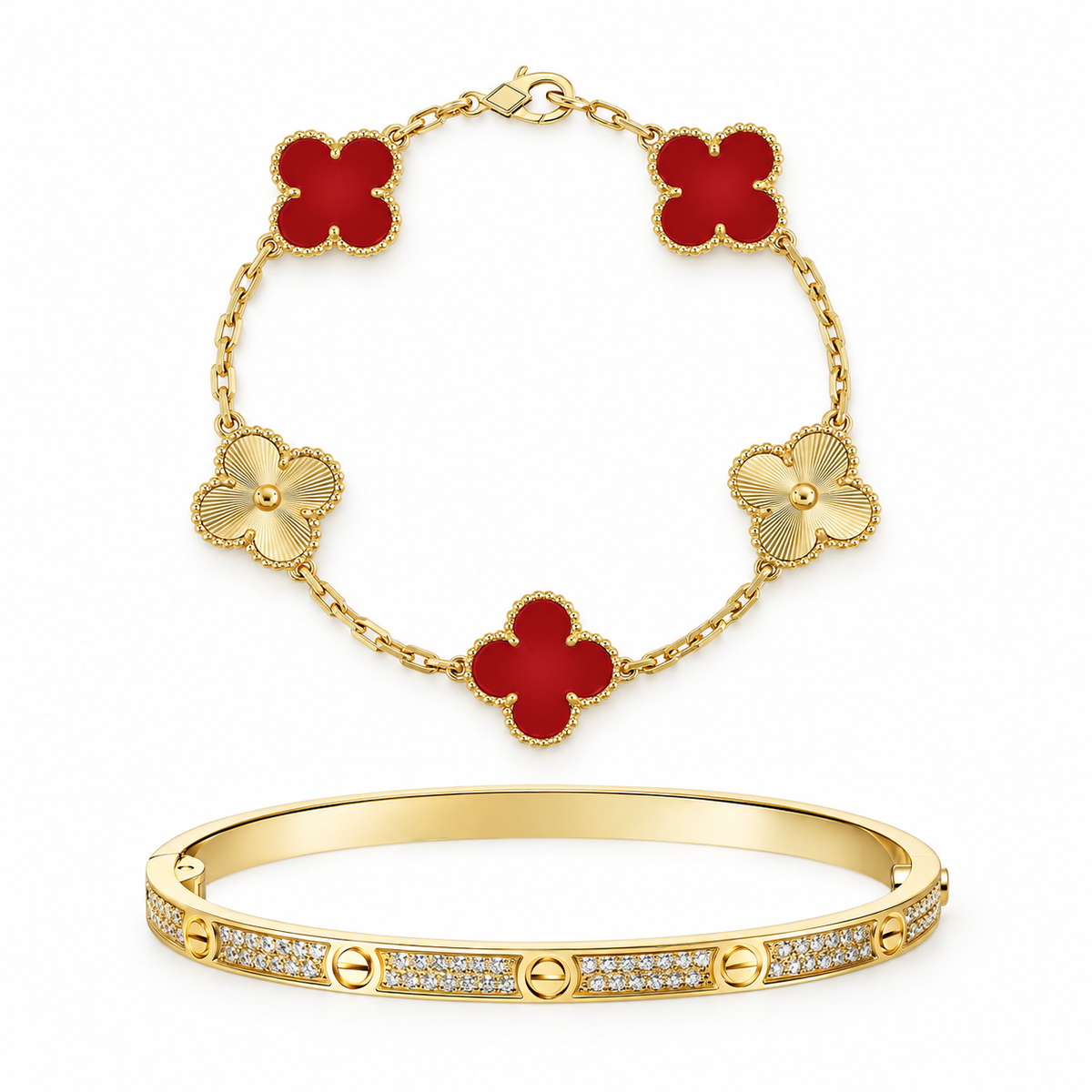 [AuraEcho]Clover & Love Diamond-Paved Radiant Line 2-Piece Bracelet Stack Set