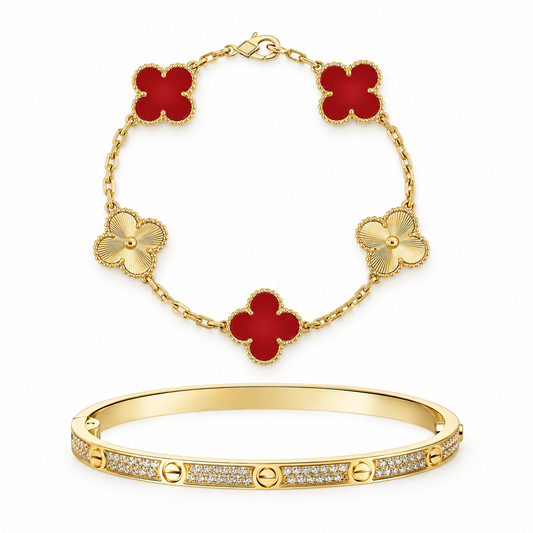[AuraEcho]Clover & Love Diamond-Paved Radiant Line 2-Piece Bracelet Stack Set