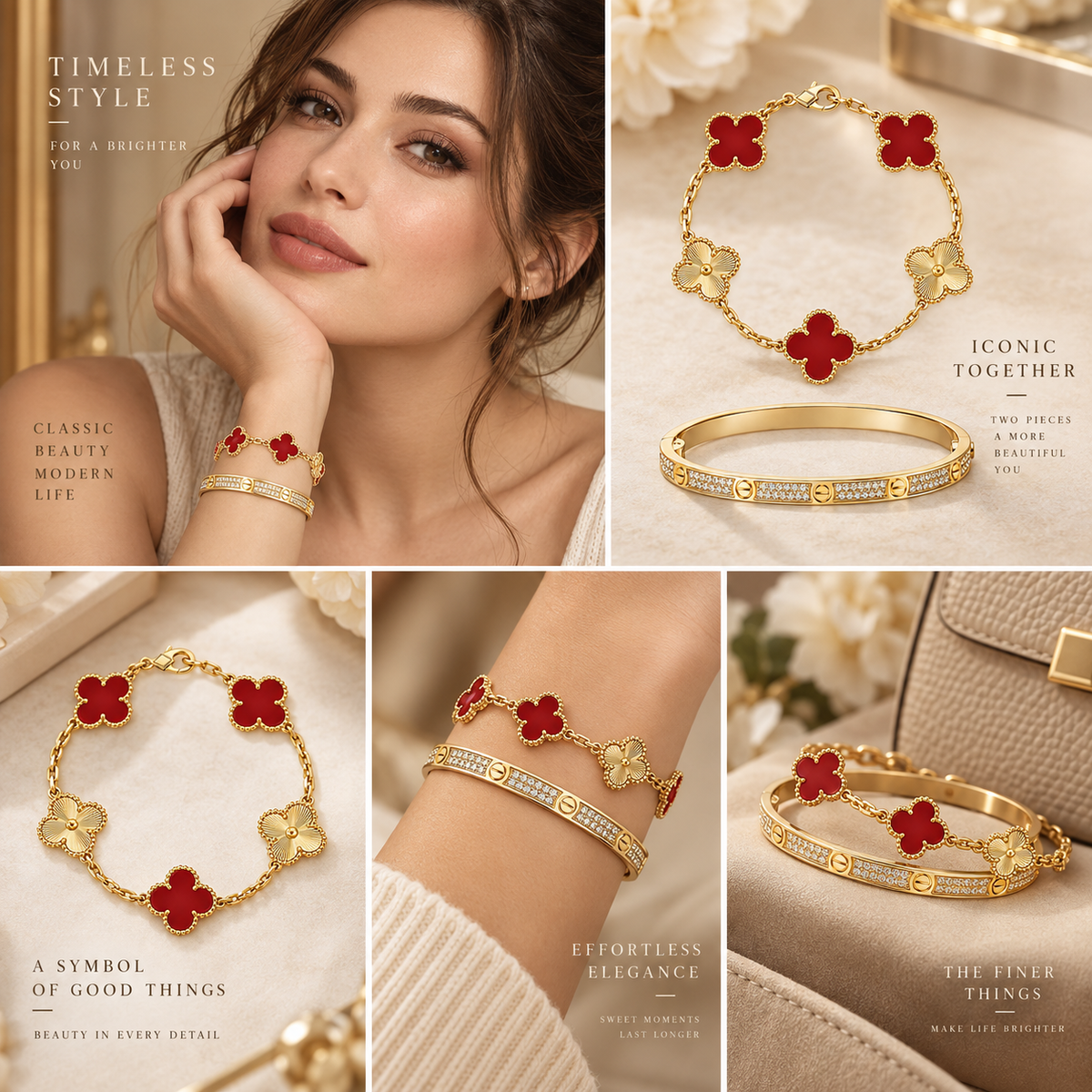 [AuraEcho]Clover & Love Diamond-Paved Radiant Line 2-Piece Bracelet Stack Set