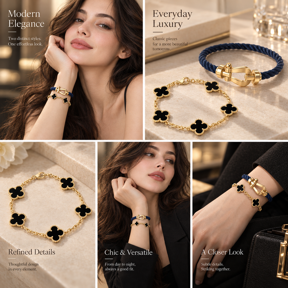 [AuraEcho]Force Horseshoe & Clover 5 Motifs Bracelet Stack Set