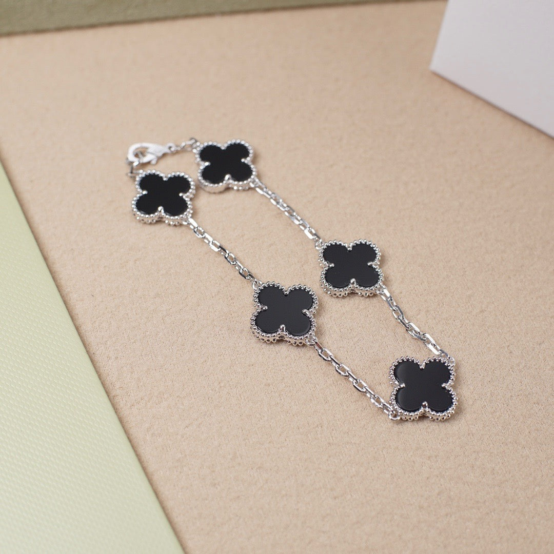[AuraEcho]CLOVER 5 MOTIF ONYXS  BRACELET SILVER