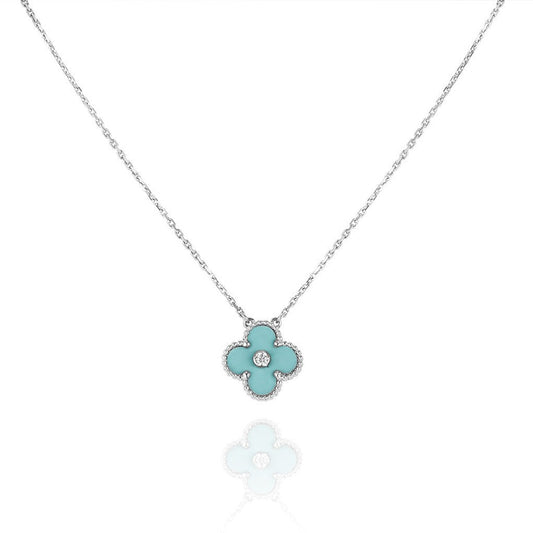 [AuraEcho]CLOVER 1 DIAMOND LIGHT BLUE SILVER NECKLACE