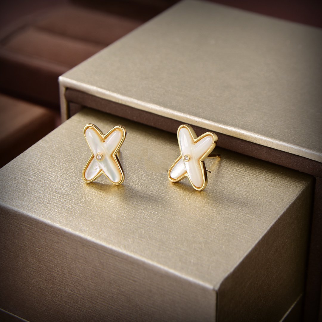 [AuraEcho]JEUX DE WHITE MOP GOLD DIAMOND EARRINGS