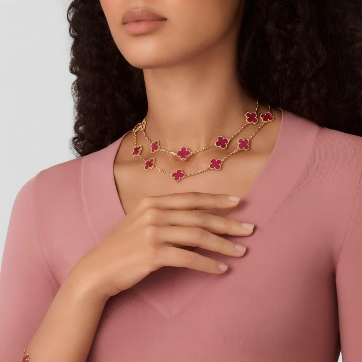 [AuraEcho]Clover Pink Enamel Necklace & Earring Jewelry Set