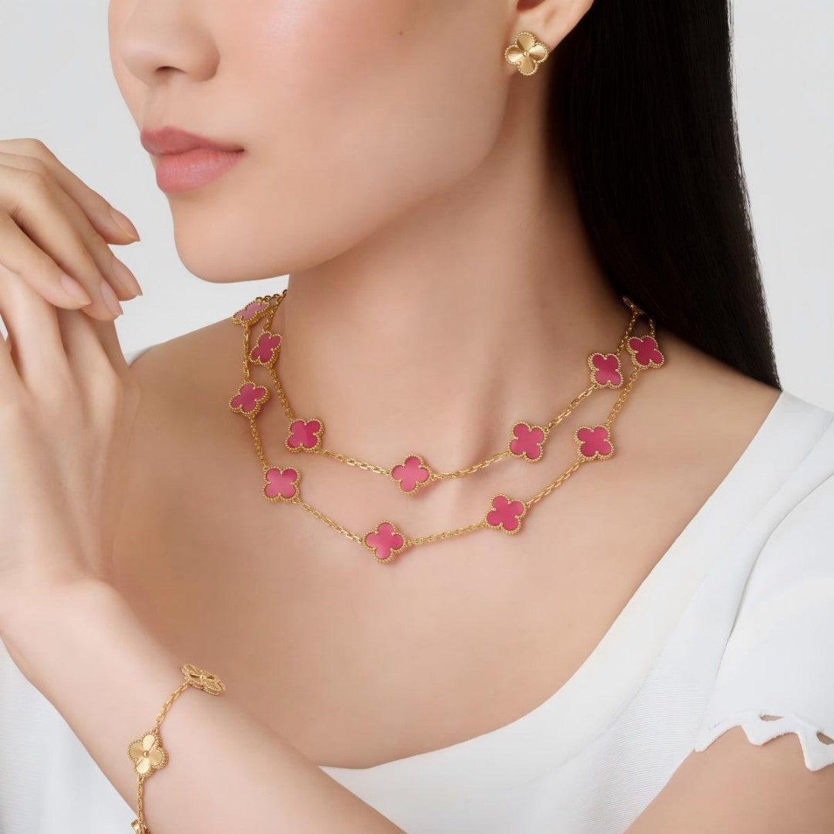 [AuraEcho]Clover Pink Enamel Necklace & Earring Jewelry Set