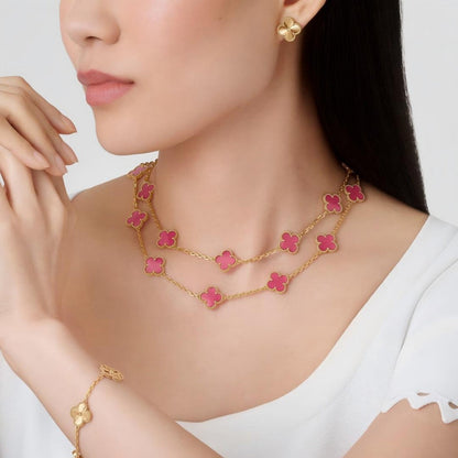 [AuraEcho]Clover Pink Enamel Necklace & Earring Jewelry Set