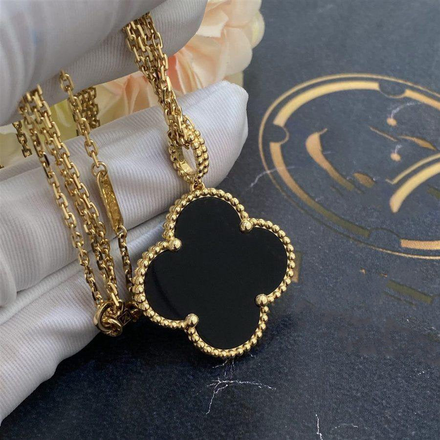 [AuraEcho]CLOVER 25MM GOLD ONYX BIG CLOVER NECKLACE
