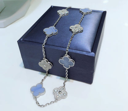 [AuraEcho]CLOVER 10 MOTIFS CHALCEDONY DIAMONDS SILVER NECKLACE