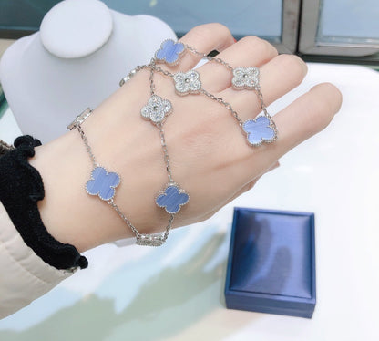 [AuraEcho]CLOVER 10 MOTIFS CHALCEDONY DIAMONDS SILVER NECKLACE
